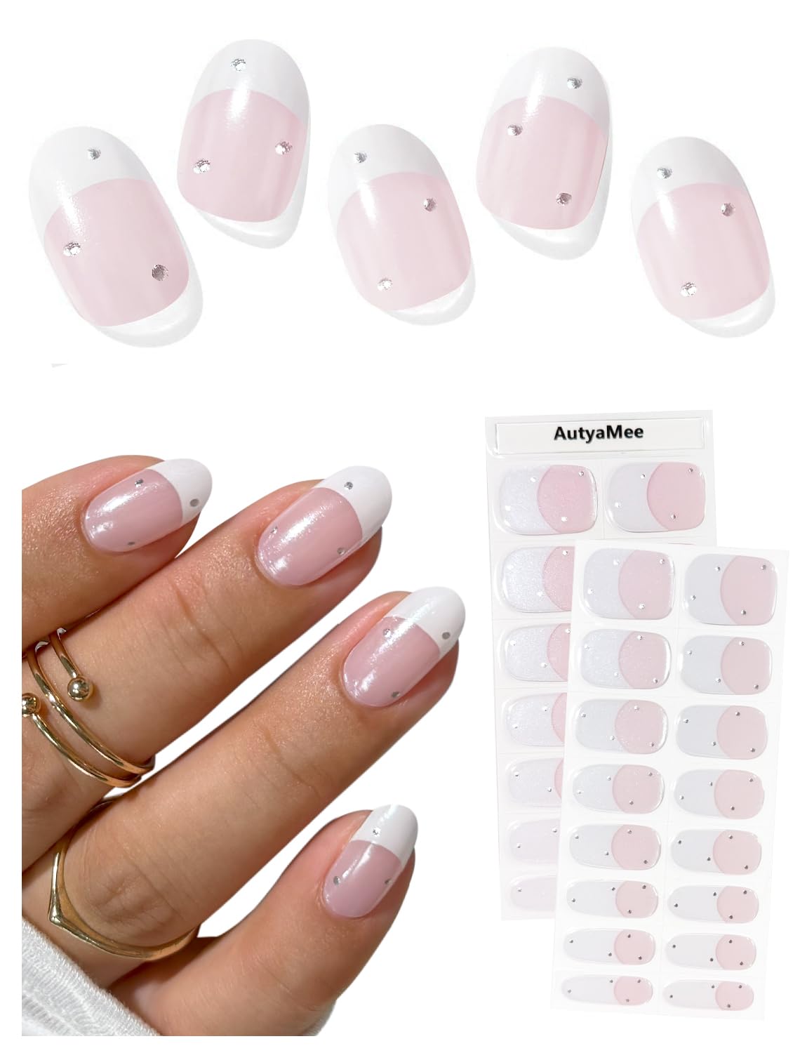 AutyaMee Semi Cured Gel Nail Strips (Chrome White French), Pearls, Glazed Donut, 30 Pcs Gel Nail Wraps, Stickers, UV Light Required