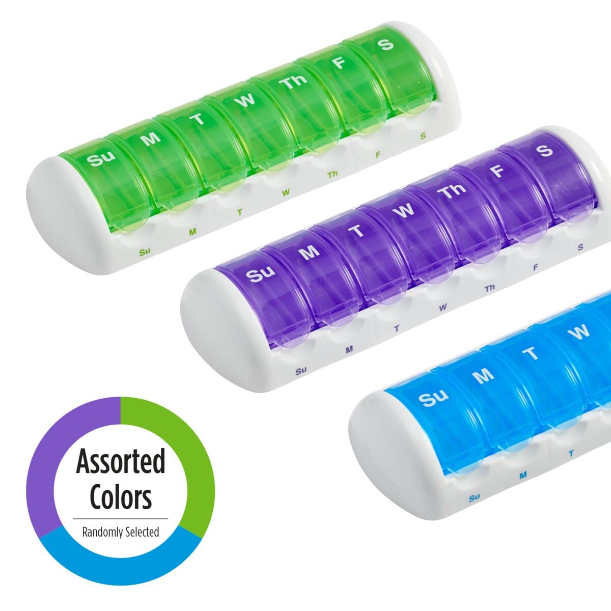 EZY DOSE Weekly (7-Day) Travel Pill Case, Medicine Planner, Vitamin Organizer Box, Convenient and Easy to Use, Removable Daily Compartments, Great for Travel, Color May Vary, BPA Free