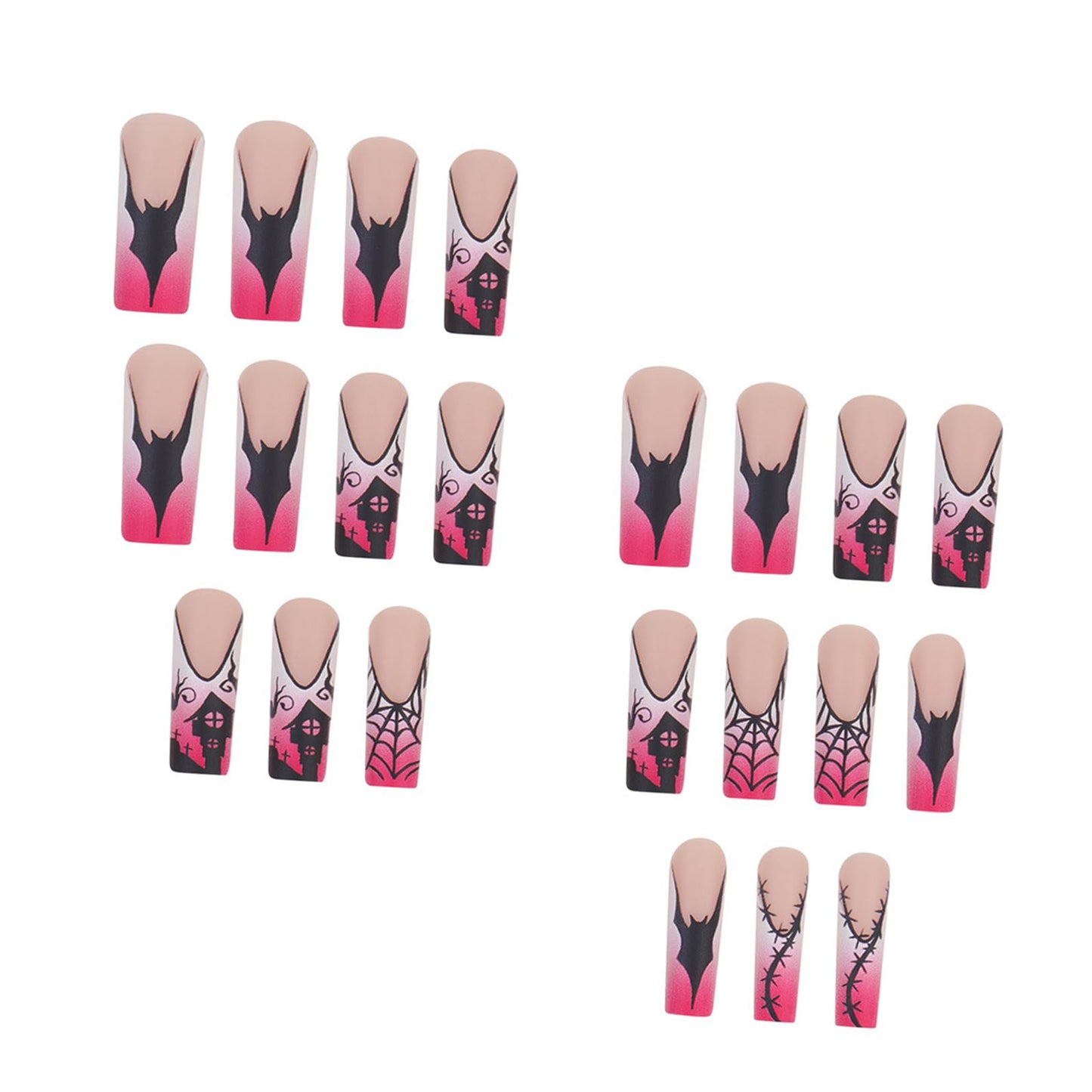 IMRAIN Halloween Press on Nails Long Square False Nails Pink French Tip Fake Nails with Black Spider Web, Bat, Castle Design Full Cover Artificial Acrylic Glue on Nails for Women