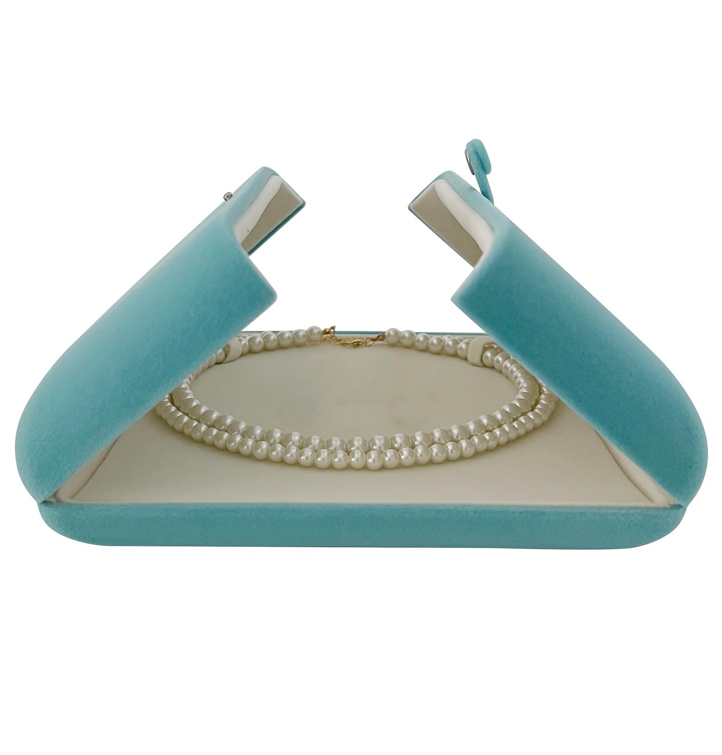 Aqua Teal Velvet Jewelry Box for Large Necklace Luxury Pearl Strand Presentation Case, Tri-Panel Flat Open Design, Button Clip Closure, Cream Velvet Interior, Gift Box for Wedding Birthday