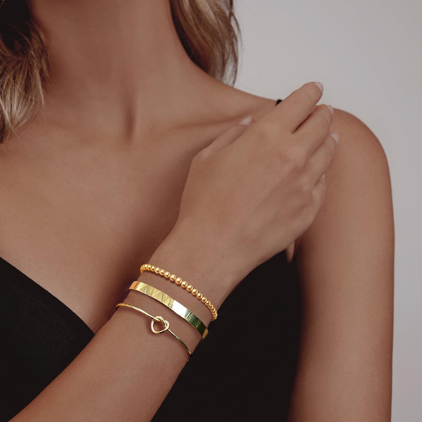 HERIER Gold Bangle Bracelets Stack for Women Trendy 14K Gold Plated Bead Chain Bracelets Set Jewelry for Women Non Tarnish