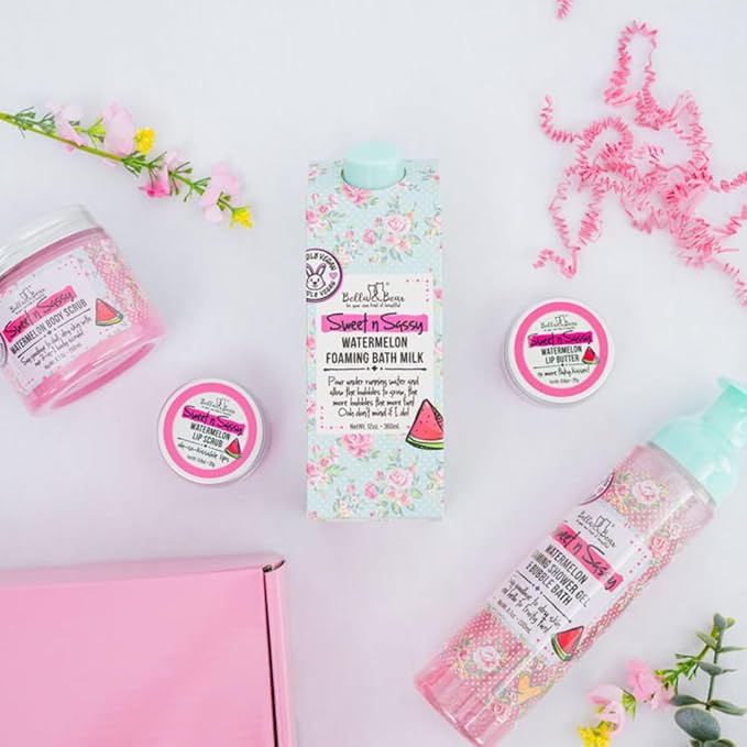 Bella & Bear Sweet 'n' Sassy Watermelon Mega Bath & Body Gift Set with Foaming Shower Gel & Bubble Bath, Bath Milk, Body Scrub & Lip Scrub and Lip Butter