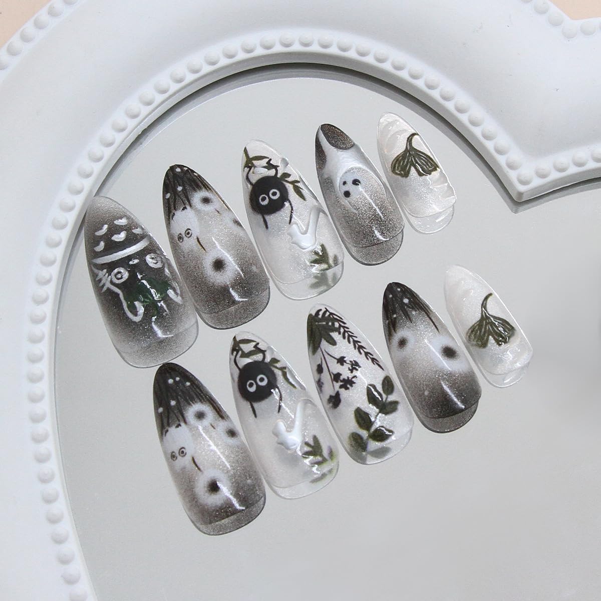 Mkwntg 24Pcs Halloween Press on Nails Medium Fake Nails with 3D Silver Chrome Design Black Cat Dandelion Cute Ghost Acrylic False Nails Ginkgo Leaf Y2K Full Cover Stick on Nails for Manicure DIY