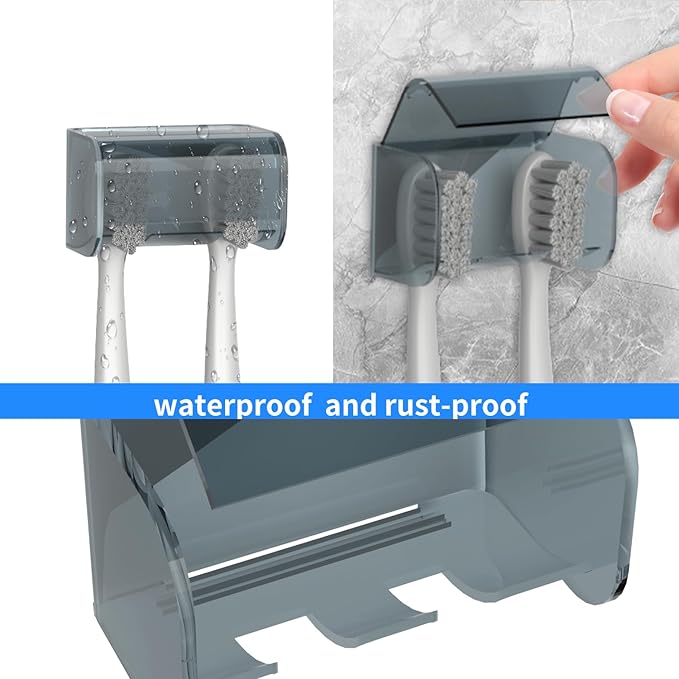 Toothbrush Holders Wall Mounted with Cover for Bathroom, Self Adhesive, Waterproof, 2 Slots Hanger Rack Tooth Brush Holder Storage Organizer for Shower