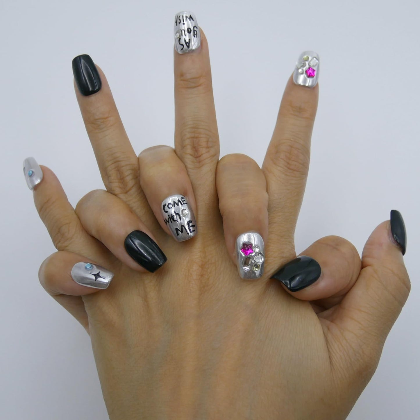 Short Square Press-On Nails, Black and Silver with Rhinestones, Star and Letter Design, 10 Pieces,S-Size