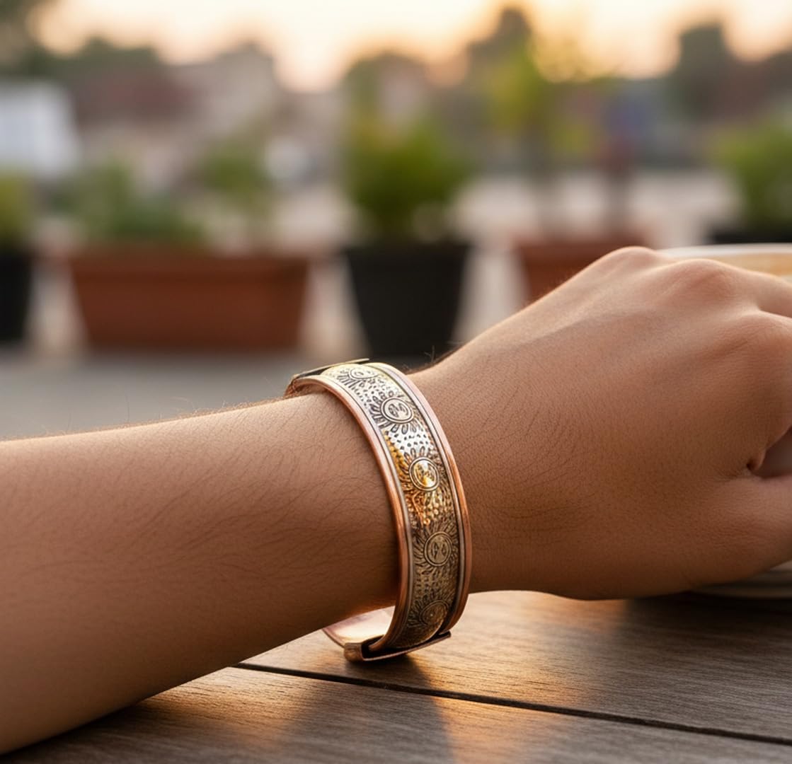 Touchstone handcrafted magnetic copper bracelet. Hand forged with solid and high gauge Tibetan style engraved cuff pure copper jewelry for women men. Sun Inspired