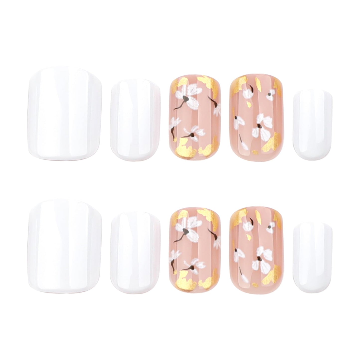 Black Press on Nails Short Square Fake Nails Gold Flowers Leaf False Nails Gold Foil Designs Artificial Acrylic Nails Glossy Glue on Nails Press ons for Women Girls Manicure Art 24Pcs