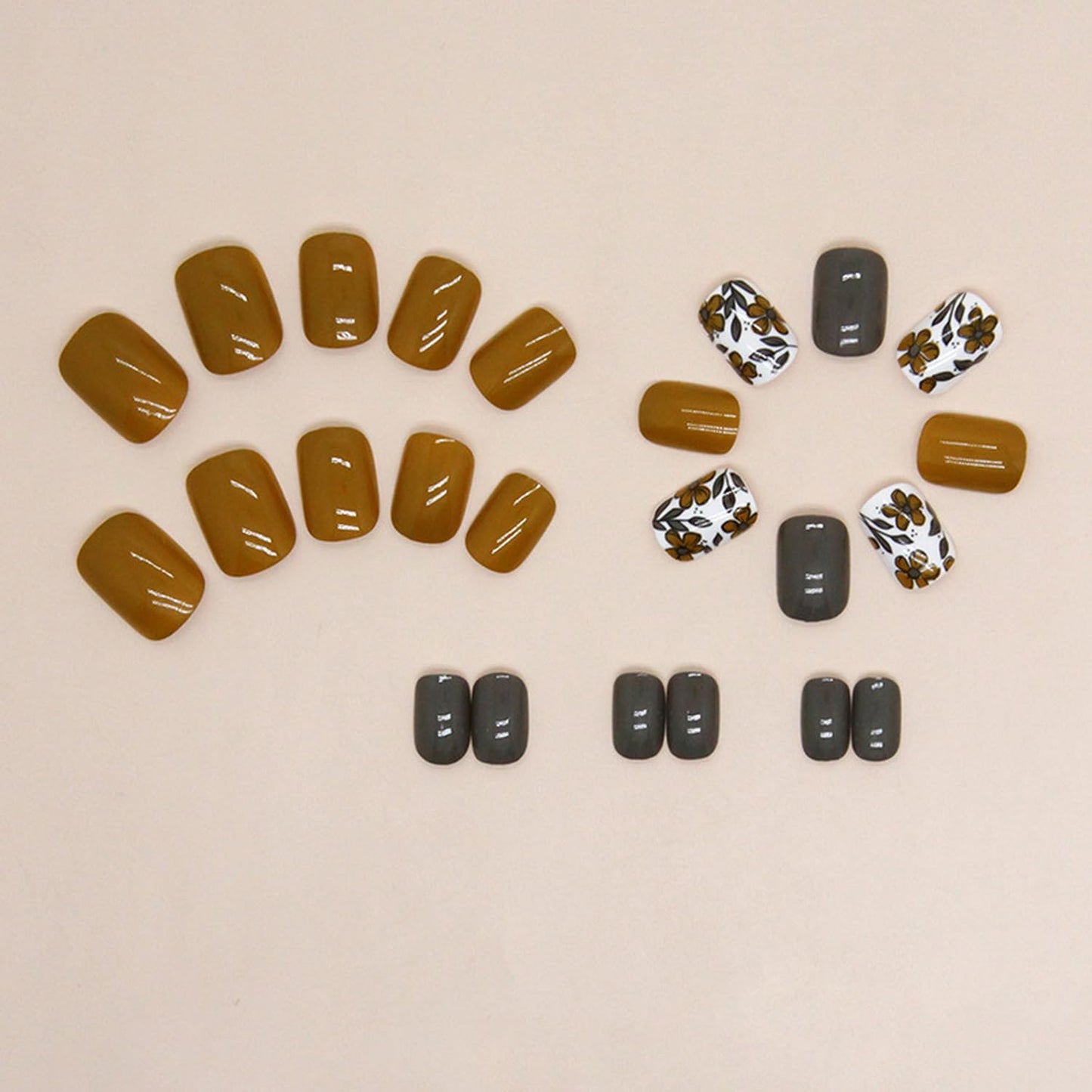 Fall Press on Nails Short Square Fake Nails with Floral Designs Glossy Glue on Nails Full Cover Yellow Nails Press ons Grey Acrylic Nails Fall Artificial Stick on Nails for Women Girls Manicure24Pcs