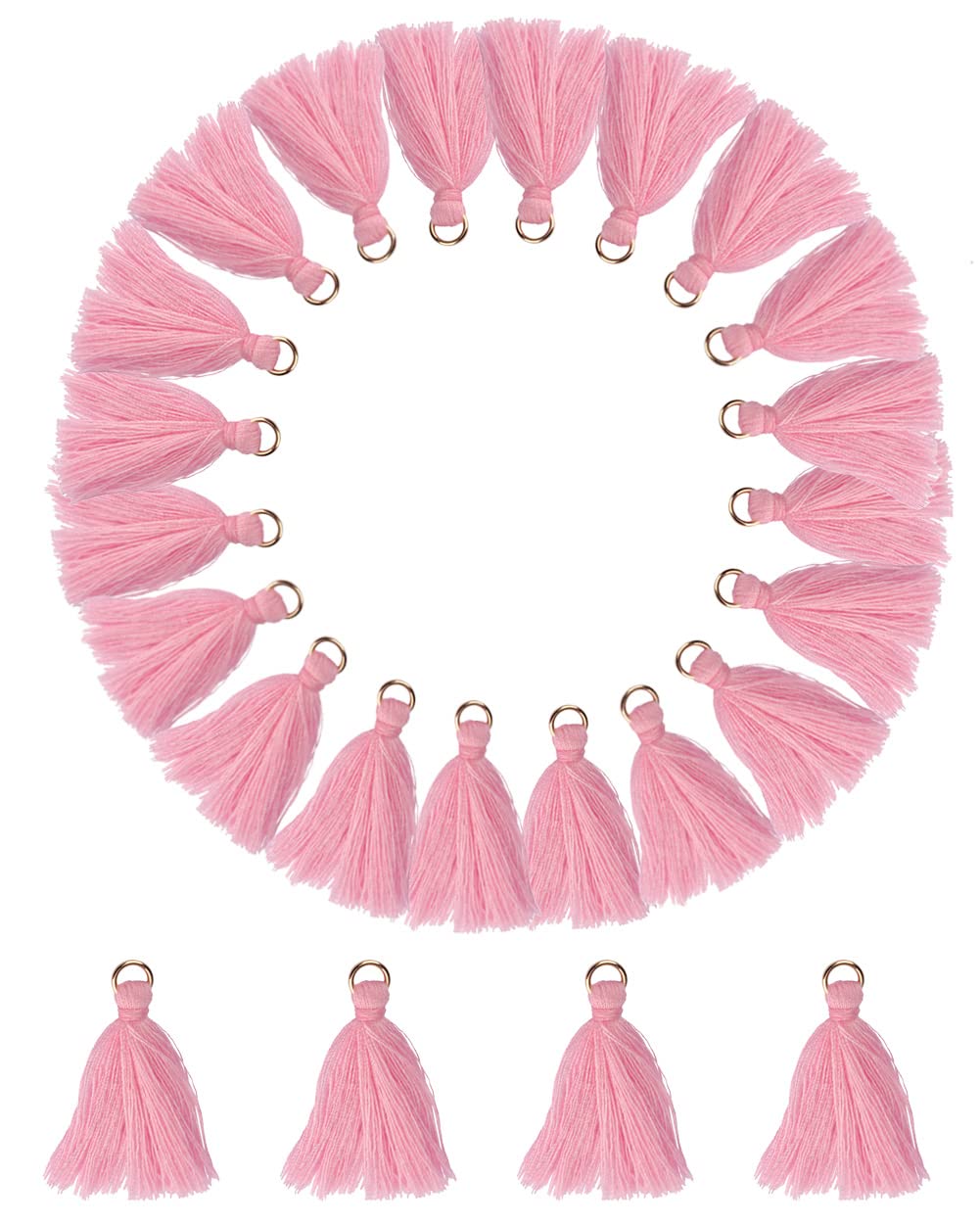 MSCFTFB 100 Pieces Mini Tassels with Jump Rings Mala Tassel Kit for Earring Necklace Jewelry Making Garland Keychain Charms Crafts Decorations (Pink)