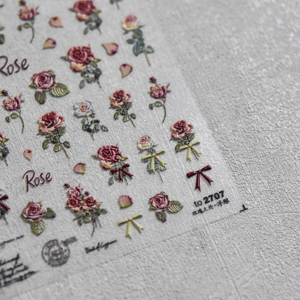 Retro Rose Nail Stickers 5D Embossed – Premium Salon-Quality Floral Nail Charm Accessories, Easy Application & Self-Adhesive Roses Red Flower Decal for DIY Manicure, Nail Art, Press on, Home or Salon
