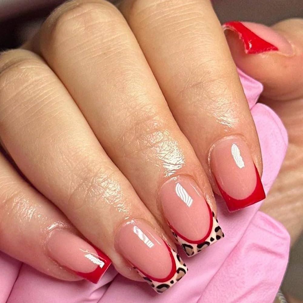 French Tip Press on Nails - Short Square Fake Nails with Leopard Print Design - Red Full Cover Stick on False Nails for Women 24 Pcs