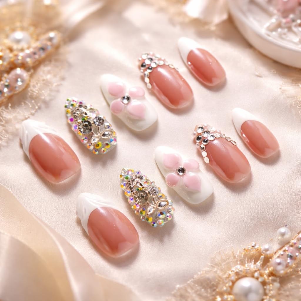IntoVibes 10 Pieces Handmade Press On Nails Medium Almond, White Thickened False French Nails, Rhinestone And Flower, Reusable Fake Nails Almond, Reusable Acrylic Nails (M)