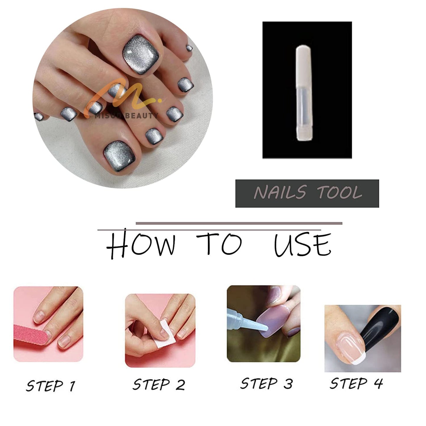 MISUD Press on Nails - Toe Glue on Nails with Black Cat Eye, Acrylic Toenails Bling Design 24 pcs