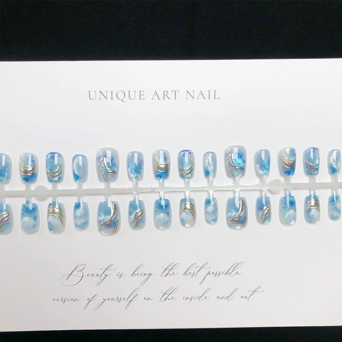 30Pcs Blue Press on Nails Short Square Fake Nails Ocean White Clouds Glossy Glitter Design Full Cover Reusable Artificial Nails Silver Chrome Stick on Nails Handmade False Nails for Women Acrylic Nail