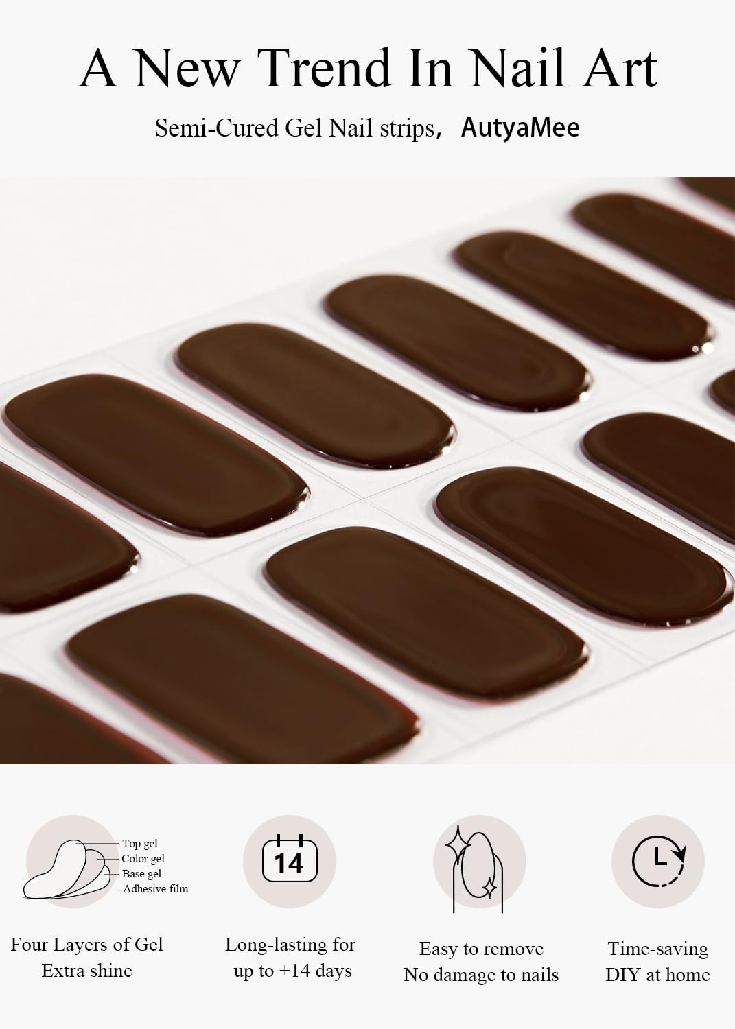 AutyaMee Semi Cured Gel Nail Strips (Chestnut), Dark Brown, 20 Pcs Gel Nail Wraps, Stickers, UV Light Required, Salon Quality, Long Lasting