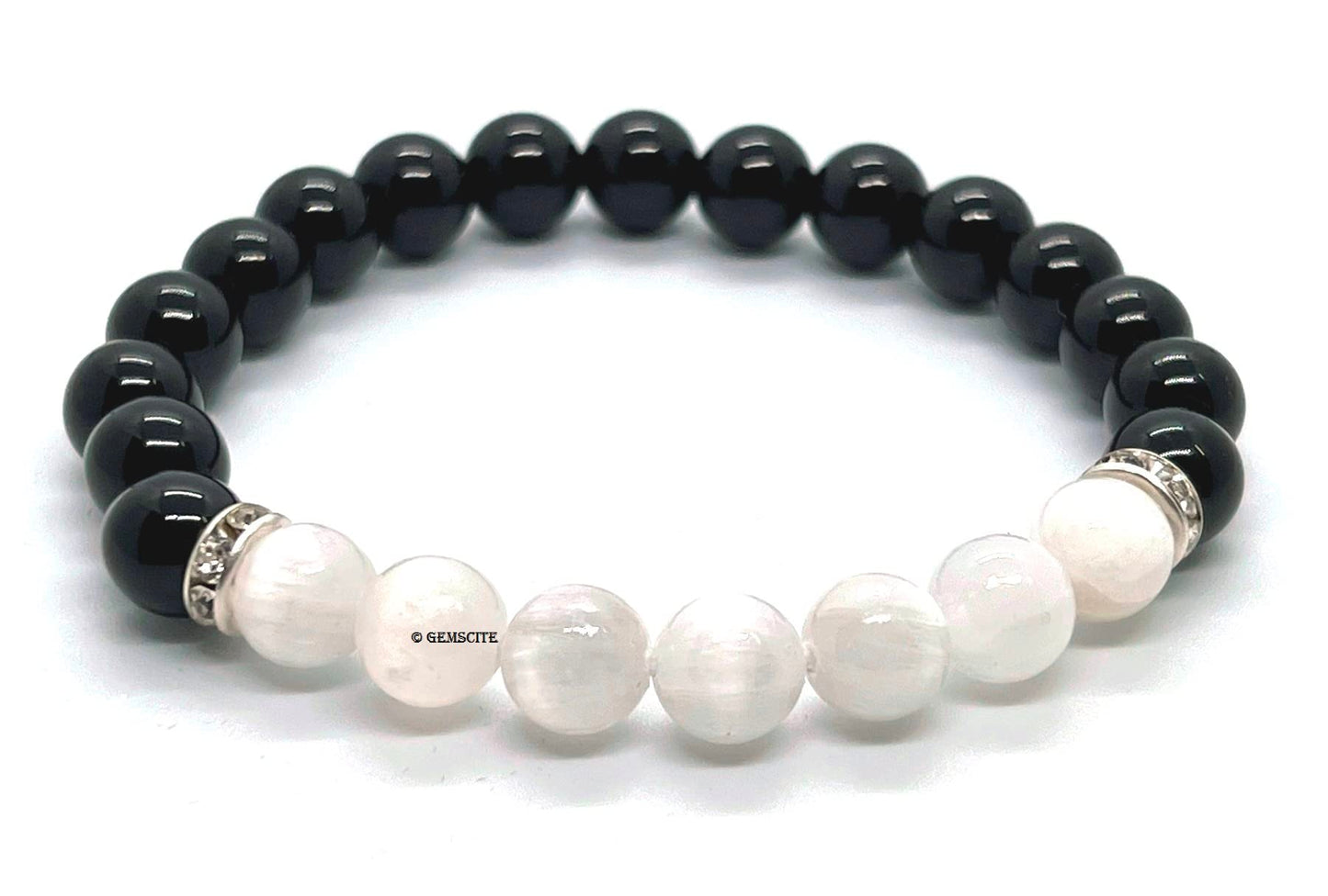 GEMSCITE Natural Black Obsidian and Selenite Crystal Bracelet for Chakra Healing & Energy Balancing
