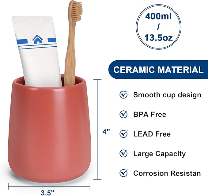 Bathroom Tumbler Cup Ceramic 13.5oz Reusable Toothbrush Cup 400ml,Toothbrush Holder Adequate for Your Bathroom (Red)