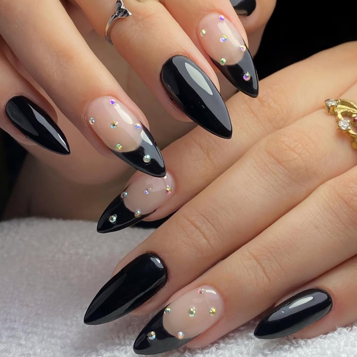 Medium Almond Black Press on Nails - French Tip with Rhinestone Design, Full Cover Glossy Fake Nails 24PCS for Women