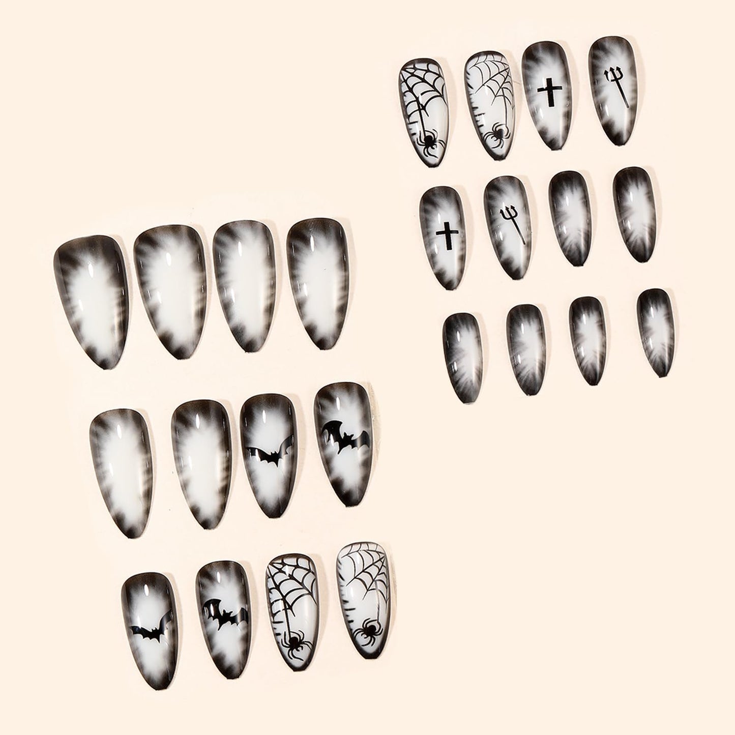 IMSOHOT Halloween Press on Nails Medium Almond Fake Nails Black French Tip False Nails with White Ombre & Ghost Designs Full Cover Acrylic Glue on Nails