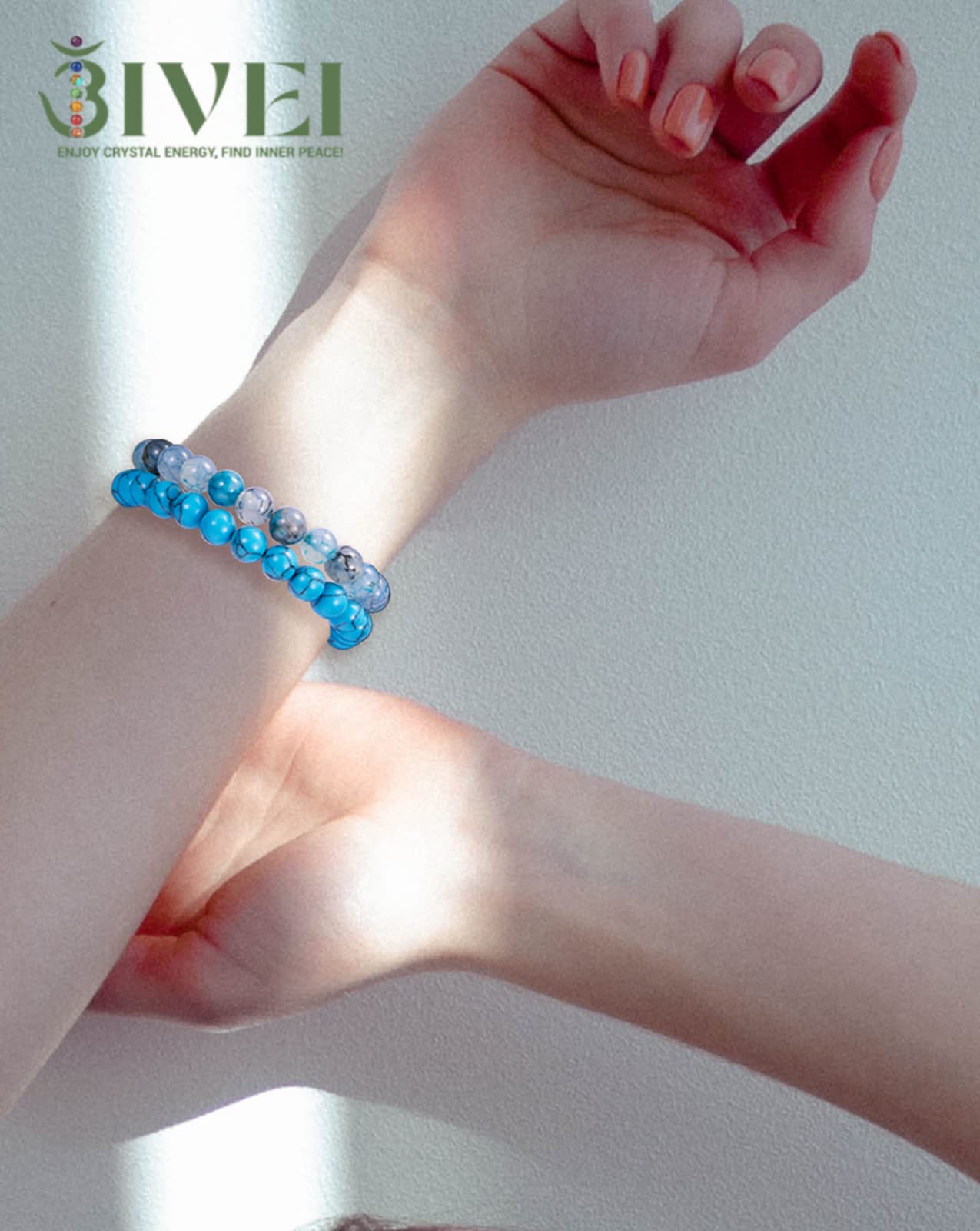 Bivei Natural Gemstone Semi Precious Crystals Handmade Stretchy Round Beads Bracelet, Stocking Stuffers for Women(Blue Dragon Vein Agate & Turquoise (Strength & Protection) Medium)