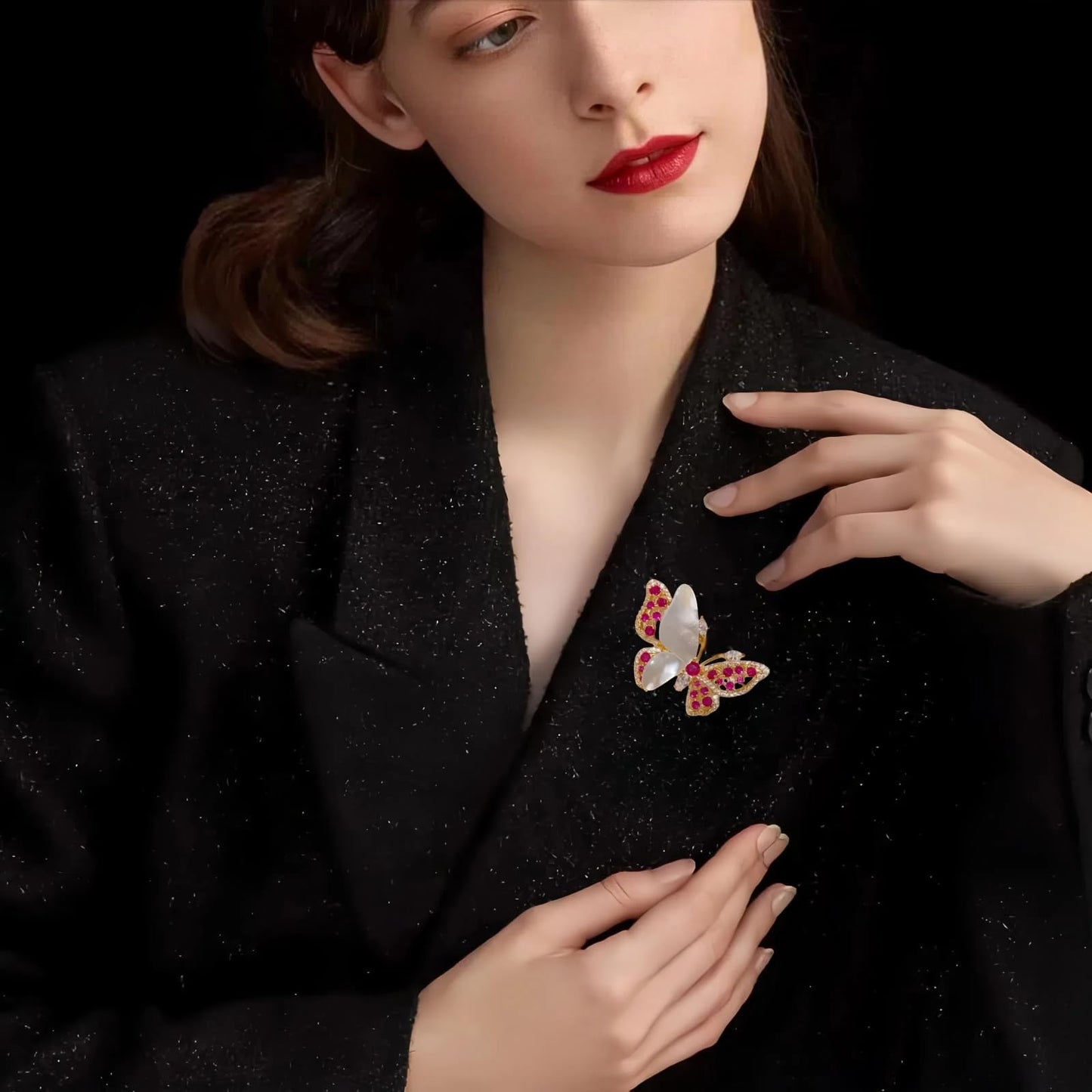 Elegant Natural Shell Red Garnet Butterfly Heavy Rhinestone Brooch for Women