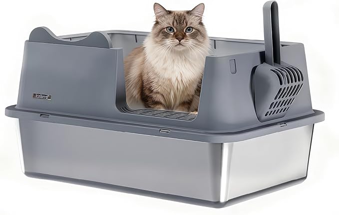 XL Stainless Steel Cat Litter Box for All Cats with High Sides and Scoop