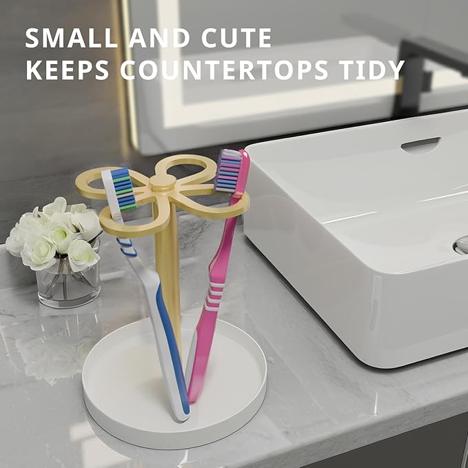 Metal Toothbrush Holders for Bathroom with 4 Slot Gold and White Tooth Brush Holder Stand and Non-Slip Base， Countertop Organizer for Family and Hotel，Compact Design