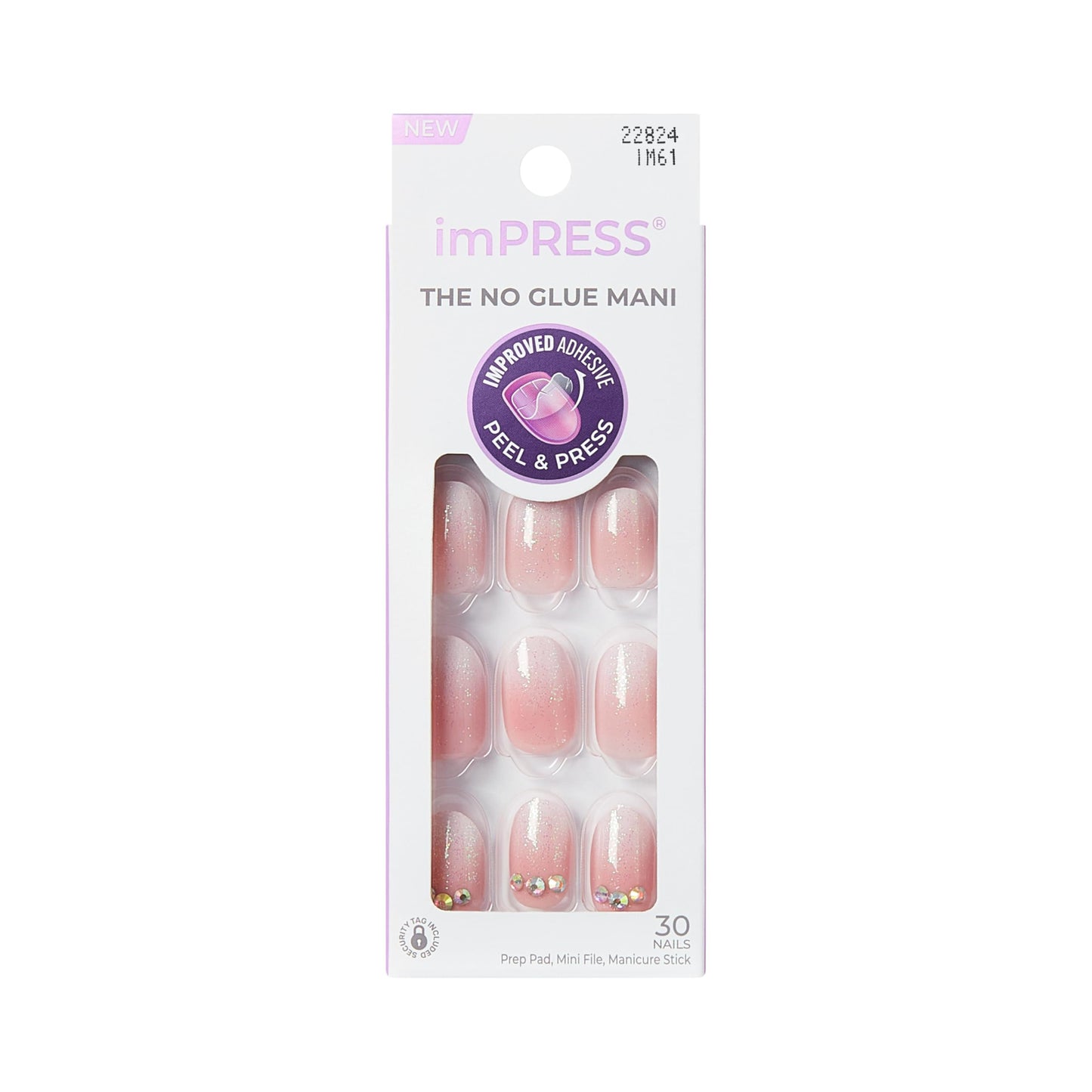 Kiss Impress No Glue Mani Press On Nails, Design, 'Even Better', Pink, Short Size, Oval Shape, Includes 30 Nails, Prep Pad, Instructions Sheet, 1 Manicure Stick, 1 Mini File