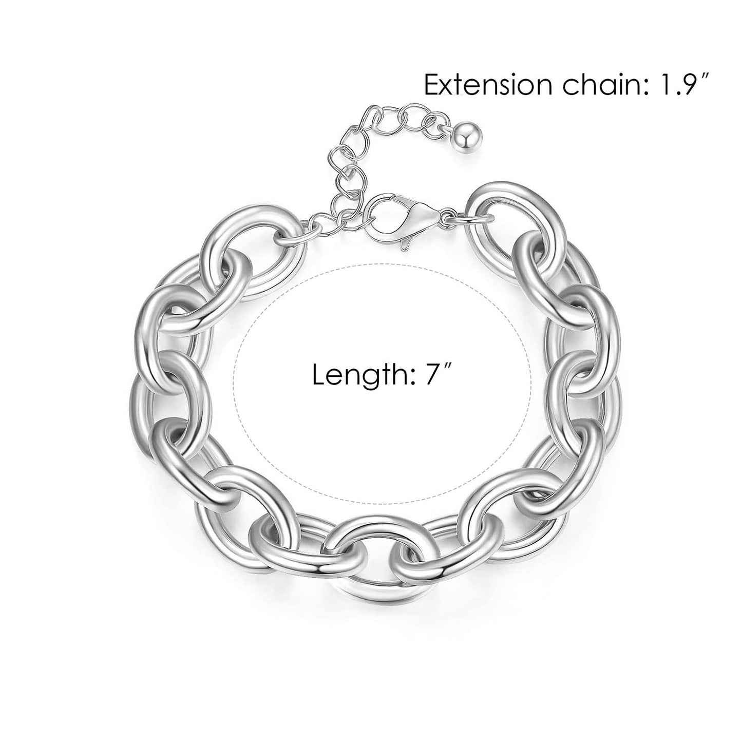 LANE WOODS Silver Bracelets for Women White Gold Plated Chunky Thick Large Link Chain Bracelet