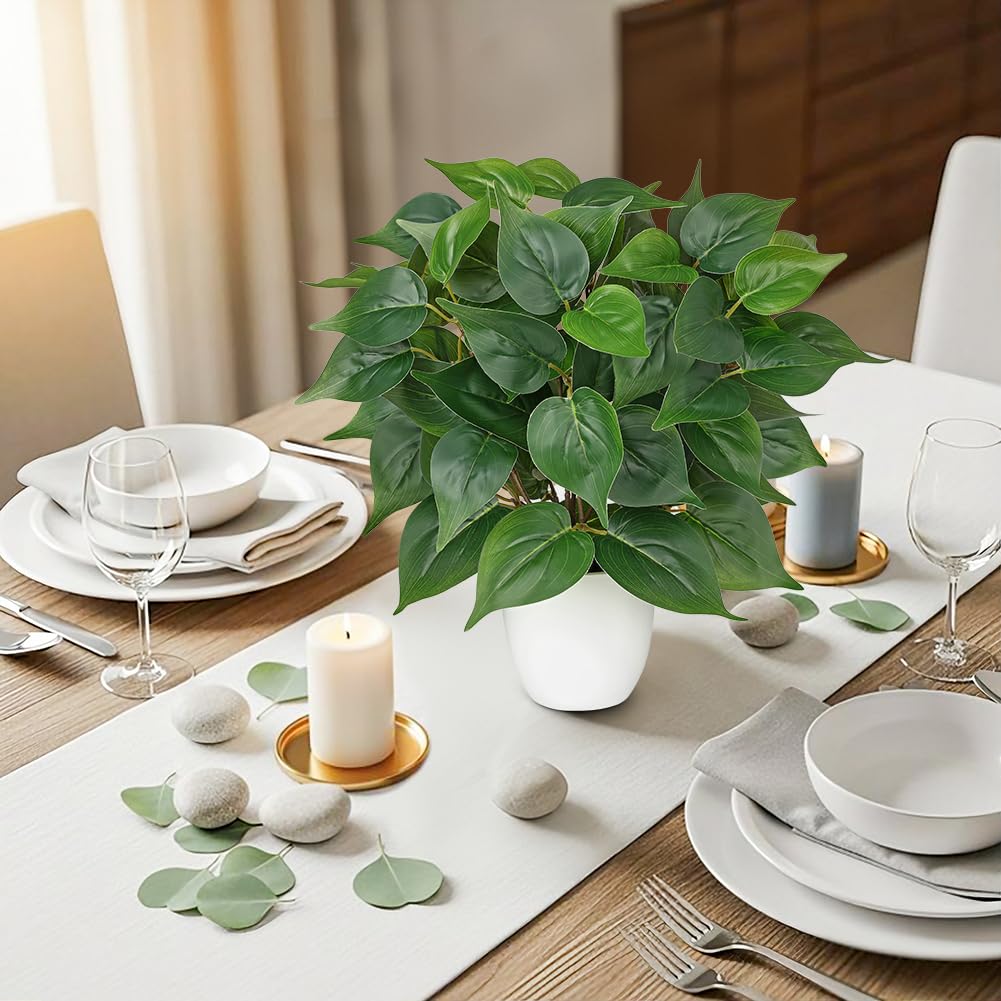 Artificial Pothos Plants in White Pot - 15.7" Fake Philodendron Plant Indoor Silk Faux Pothos Plants Faux Greenery Potted Small Artificial Potted Plant for Office Desk Shelf Bathroom Home Decor