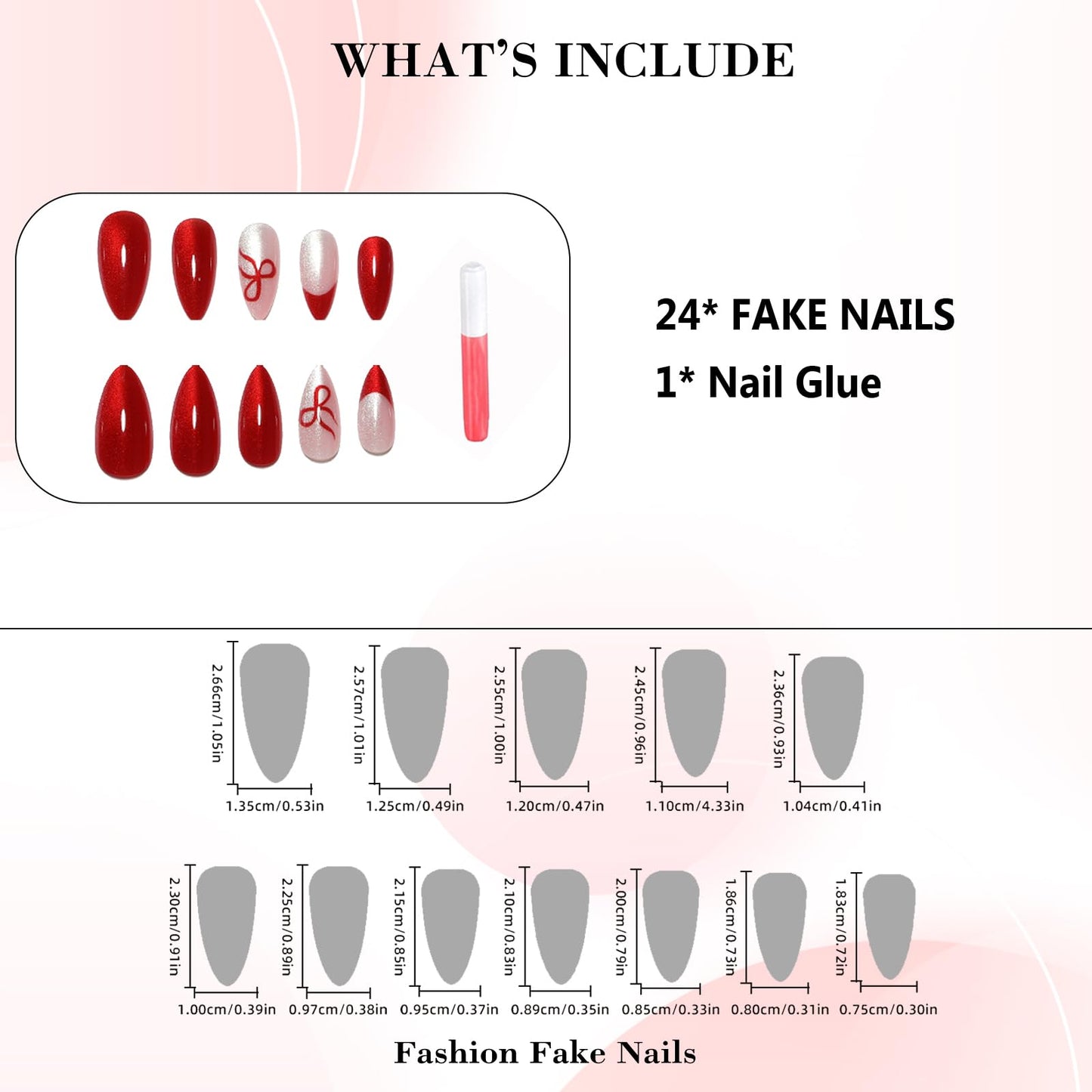 IMRAIN Press on Nails Red French Tip Fake Nails Medium Almond False Nails - Cat's Eye, Bow Designs Reusable Acrylic Artificial Glue on Nails 24Pcs DIY Manicure Decor