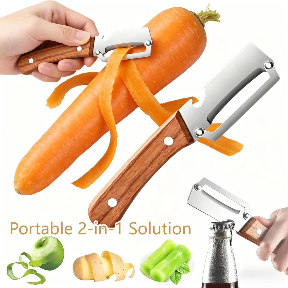 2 Pack Premium 2-in-1 Multi Functional Vegetable and Fruit Peeler with Bottle Opener, Wooden Handle, Stainless Steel Blade-Zero Snag, Smooth Glide Kitchen Tool for Potato, Carrot,Sugar Cane and More