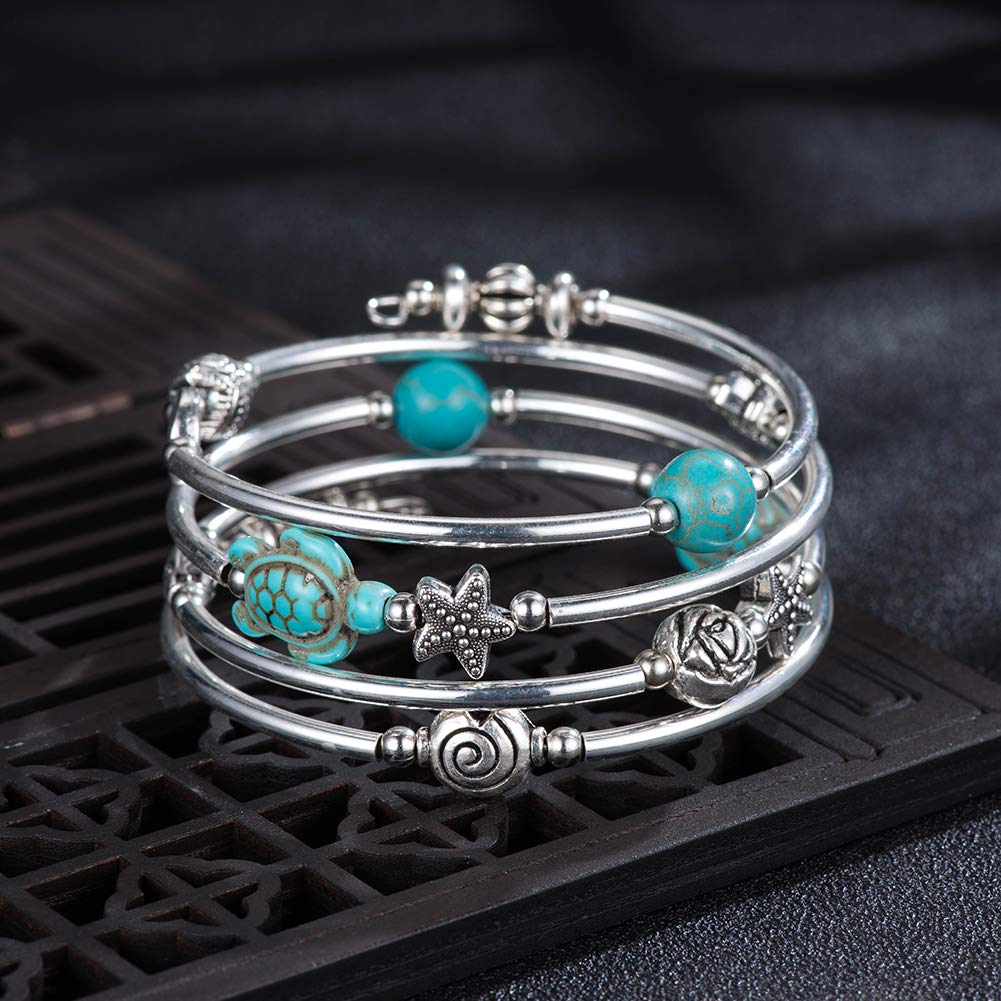 BULINLIN Layered Wrap Bangle Turquoise Bracelet - Bead Bracelet with Natural Agate Stone, Gifts For Women (18-Turquoise blue Turtle Bracelet)