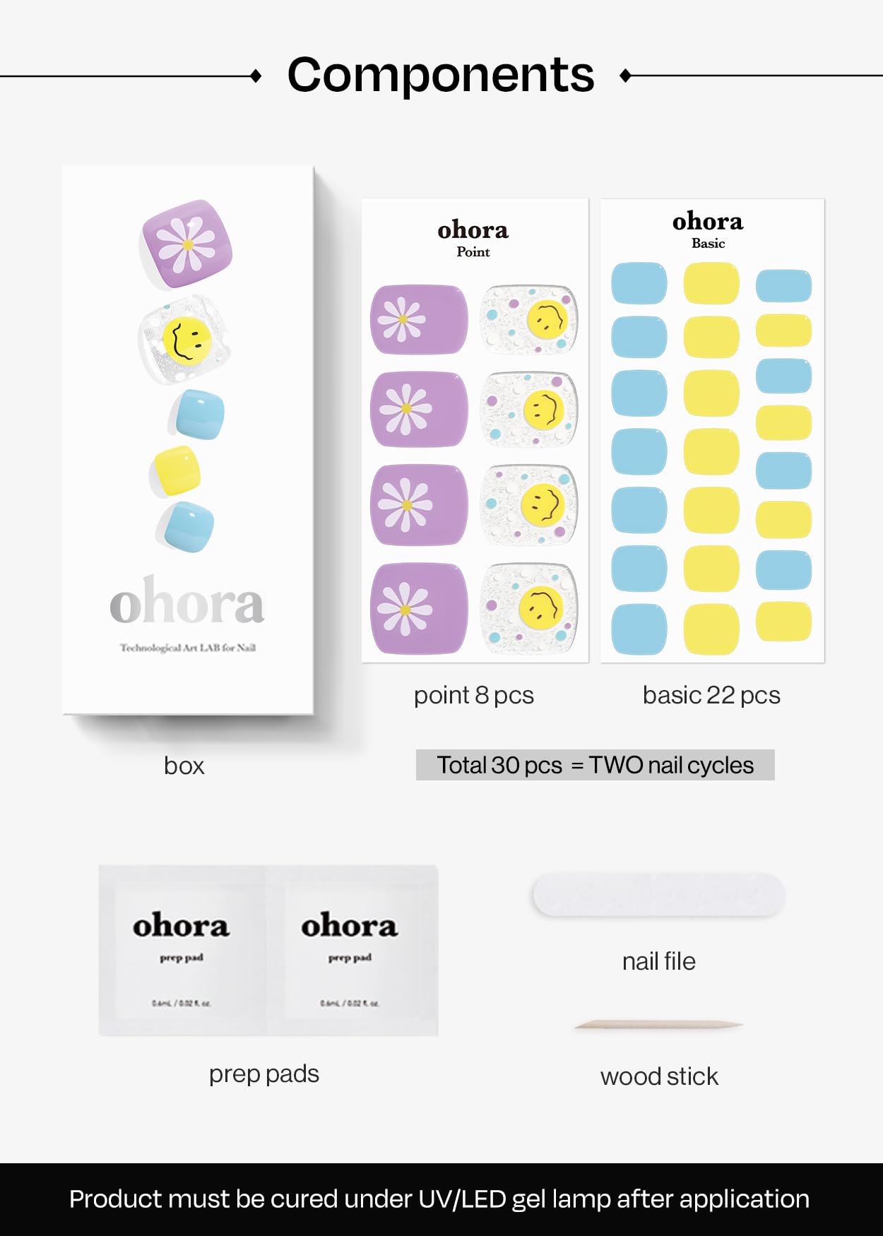 ohora Semi Cured Gel Pedi Strips (P Witty) - Purple/Blue/Yellow, Pattern, Works with UV/LED Lamps, Salon-Quality, Long Lasting, Easy to Apply & Remove - Includes 2 Prep Pads, Nail File & Wooden Stick