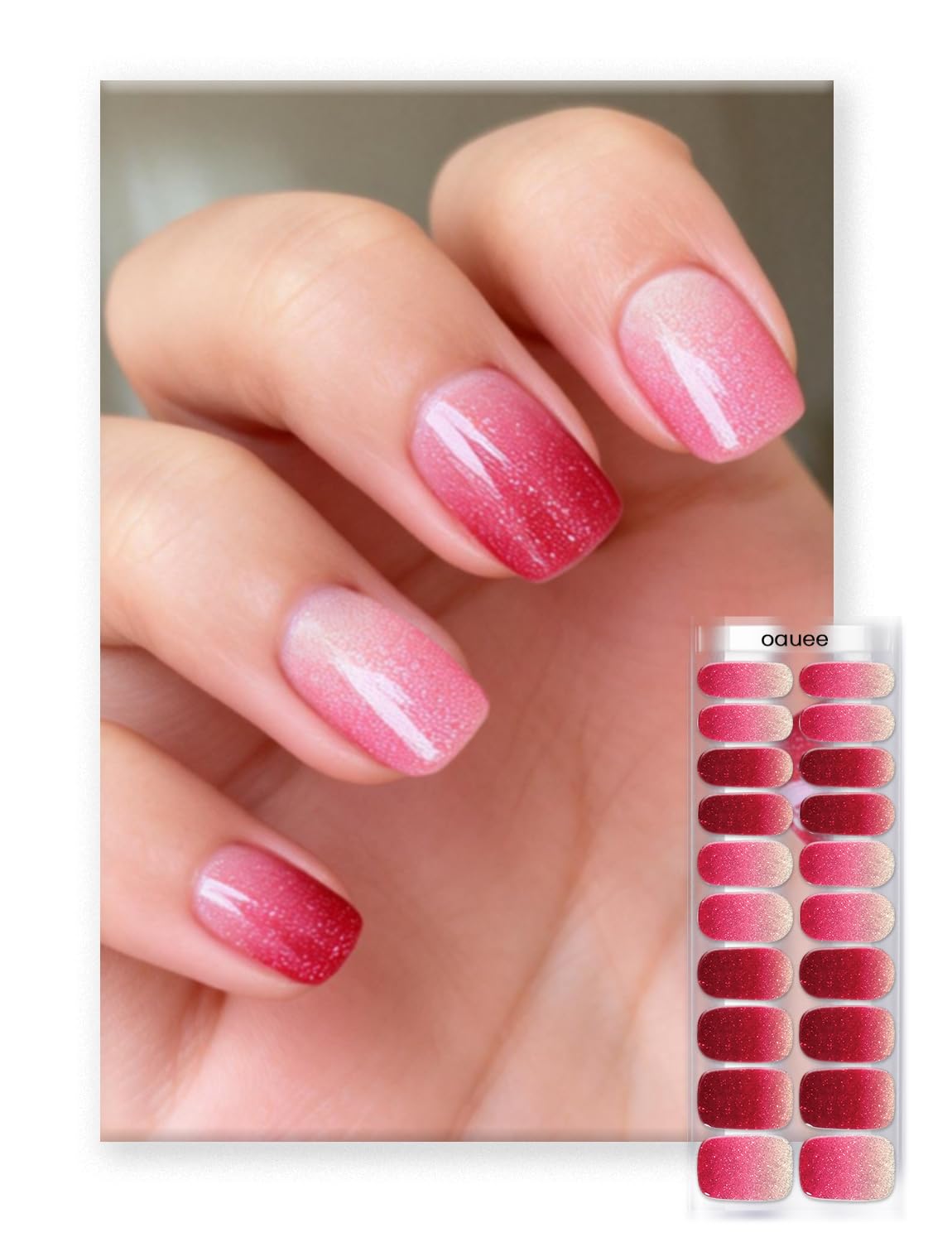 Oauee Semi Cured Gel Nail Strips | Built-In Gel Top Coat | UV Light Required | Salon Quality, Easy Application And Removal (Ruby Glitter）