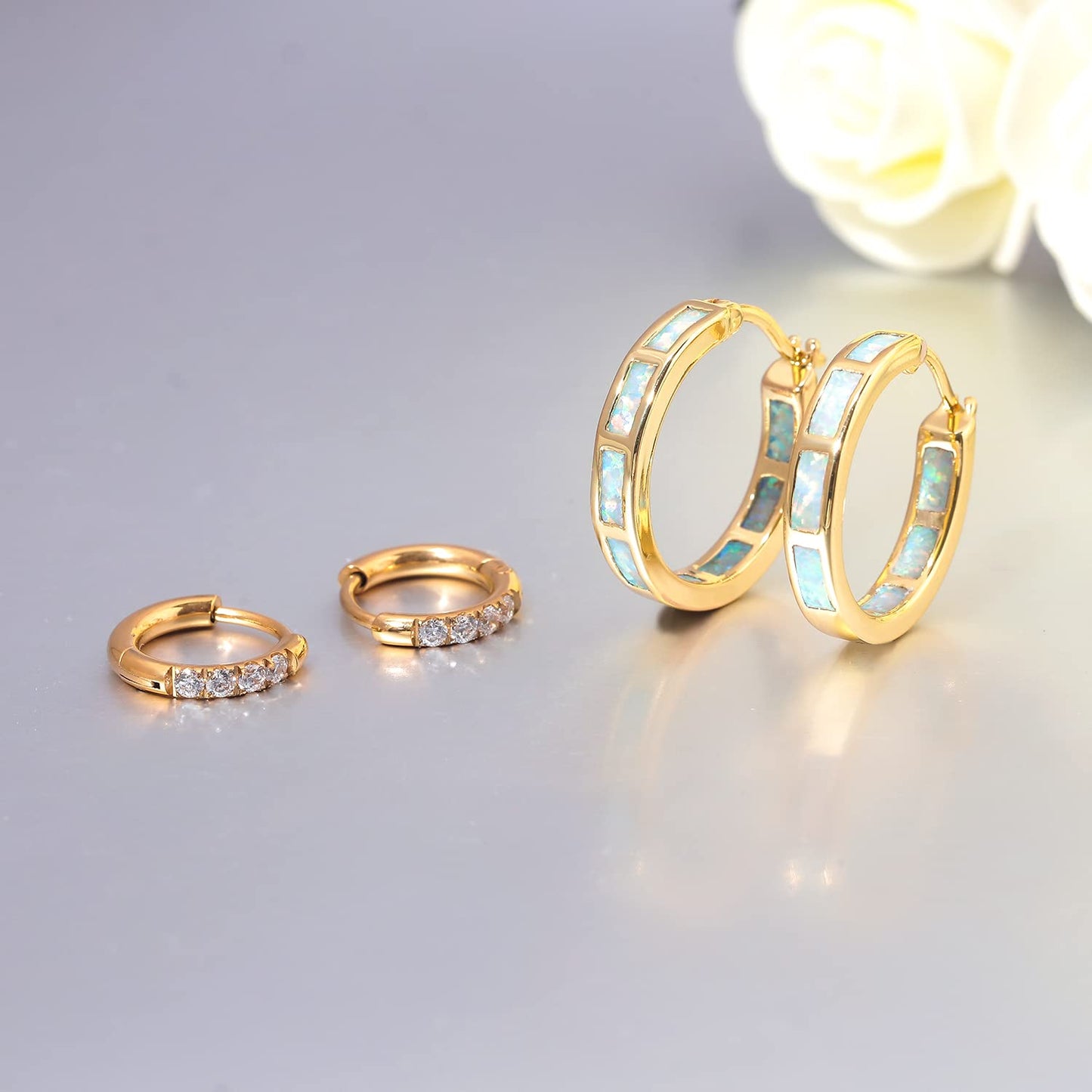 CiNily 2 Pairs Hoop Earring Set for Women Yellow Plated Opal Small Hoop Earring Hypoallergenic Cubic Zirconia Tiny Earrings