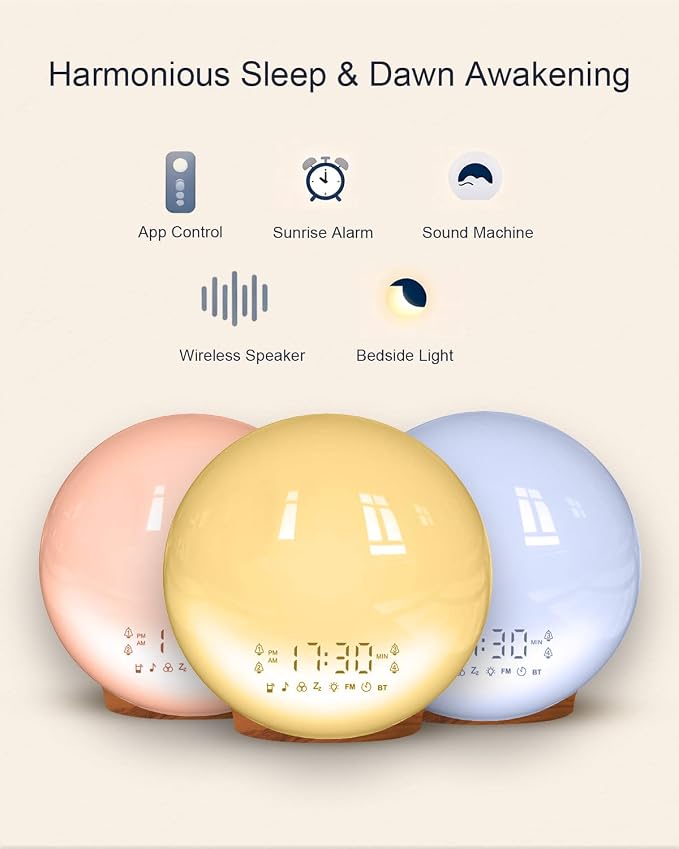 Smart Sunrise Alarm Clock with No Signup APP Control & Wake-Up Light, 4 Alarms, Sound Machine, FM Radio, Wireless Speaker, Wood Grain