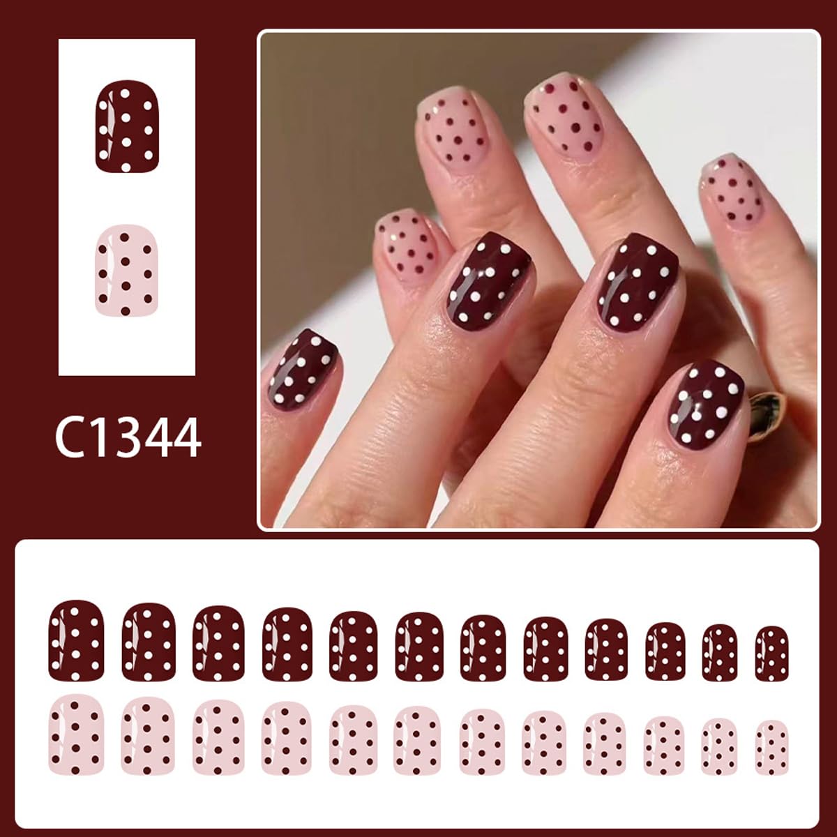 Polka Dot Press on Nails Short Square Fake Nails Valentines Nails Press ons with Dots Design,Full Cover Stick on Nails for Women Manicure,Reusable | Artificial | Nail Sticky Tab | Easy Apply | 24Pcs