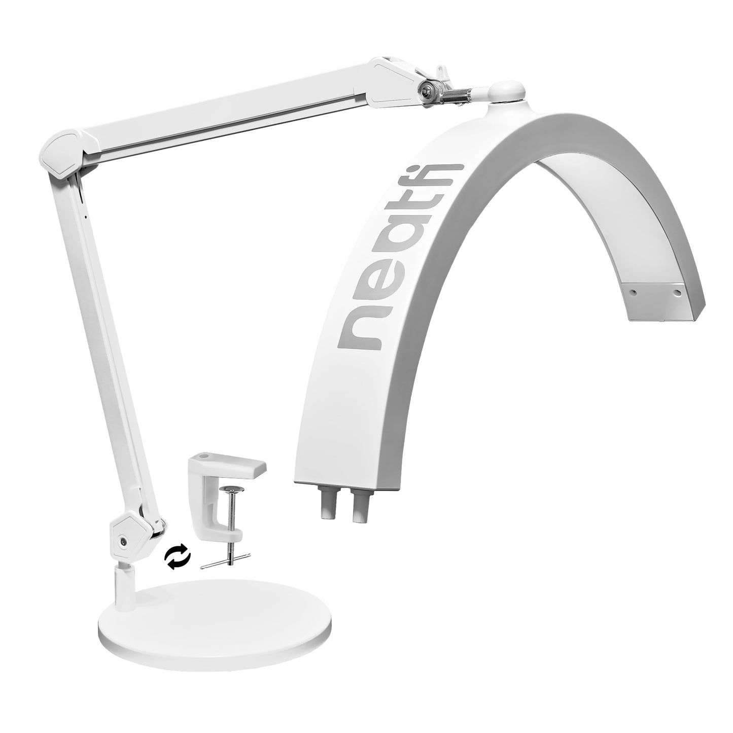 Neatfi Half Moon LED Table Lamp for Estheticians – 2,500 Lumens | CCT Dimming, 5 Light Modes | Professional Task Lamp for Nail Art, Facials, Threading & Tattoos (White, CCT with Base and Clamp)