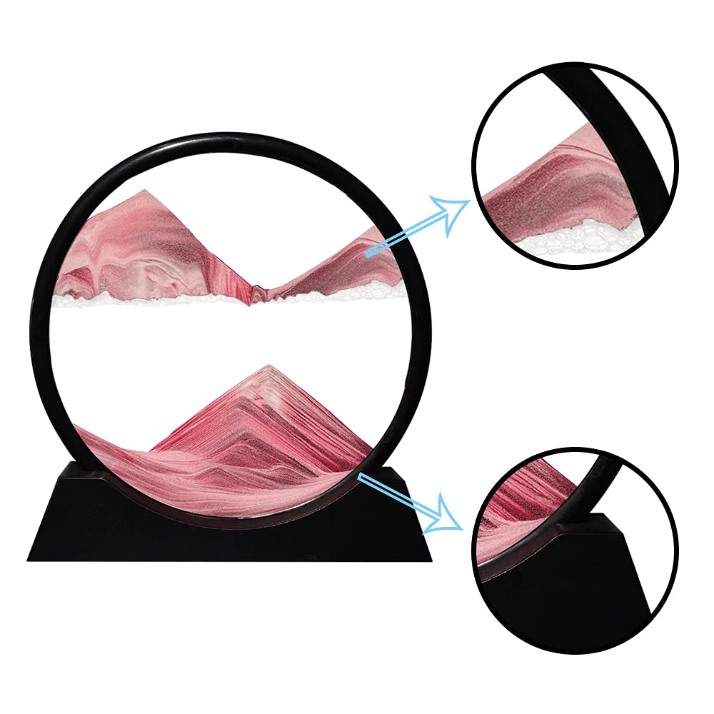 Aoderun Moving Sand Art Picture Round Glass 3D Deep Sea Sandscape in Motion Display Flowing Sand Frame Relaxing Desktop Home Office Work Decor (7", Pink)