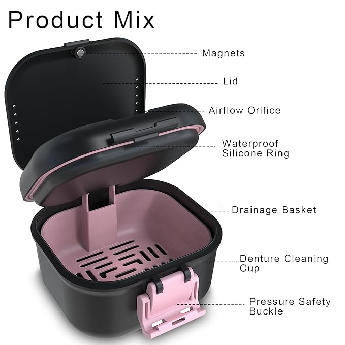 BVN Leakproof Denture Cup, Upgraded Carrying Storage, Denture Bath Box with Filter, Denture Cup for Soaking Dentures, Travel Retainer Cleaning Case (Black+Pink).
