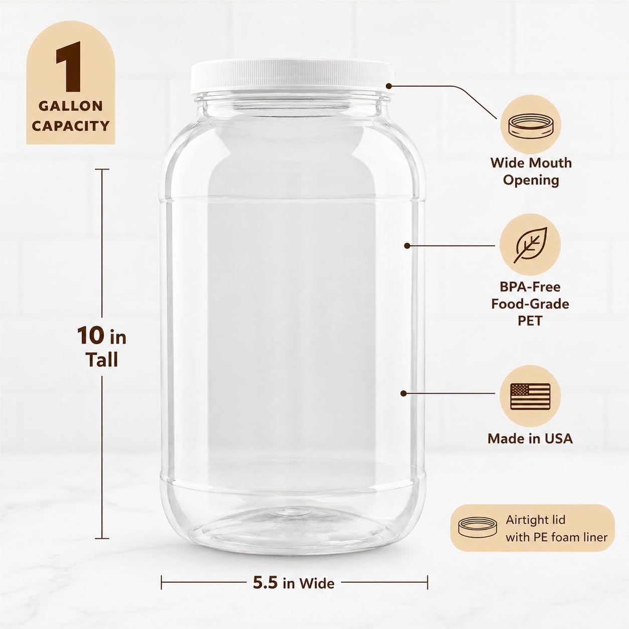 kitchentoolz 1 Gallon Plastic Jar with Airtight Lid – Wide Mouth Food Storage Container – Clear PET Canister – Made in USA