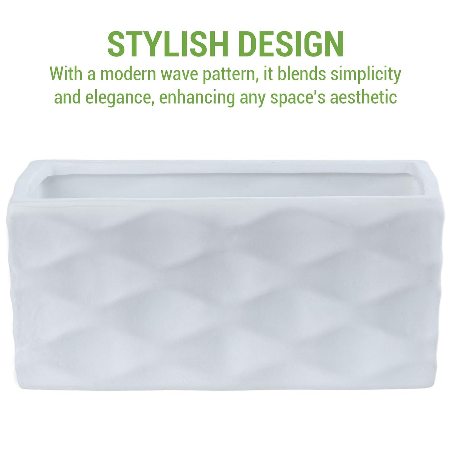 MyGift Modern Wave Pattern White Ceramic Rectangular Planter Pot - Decorative Indoor Flower Container for Home, Office, Patio, and Garden, 8-Inch