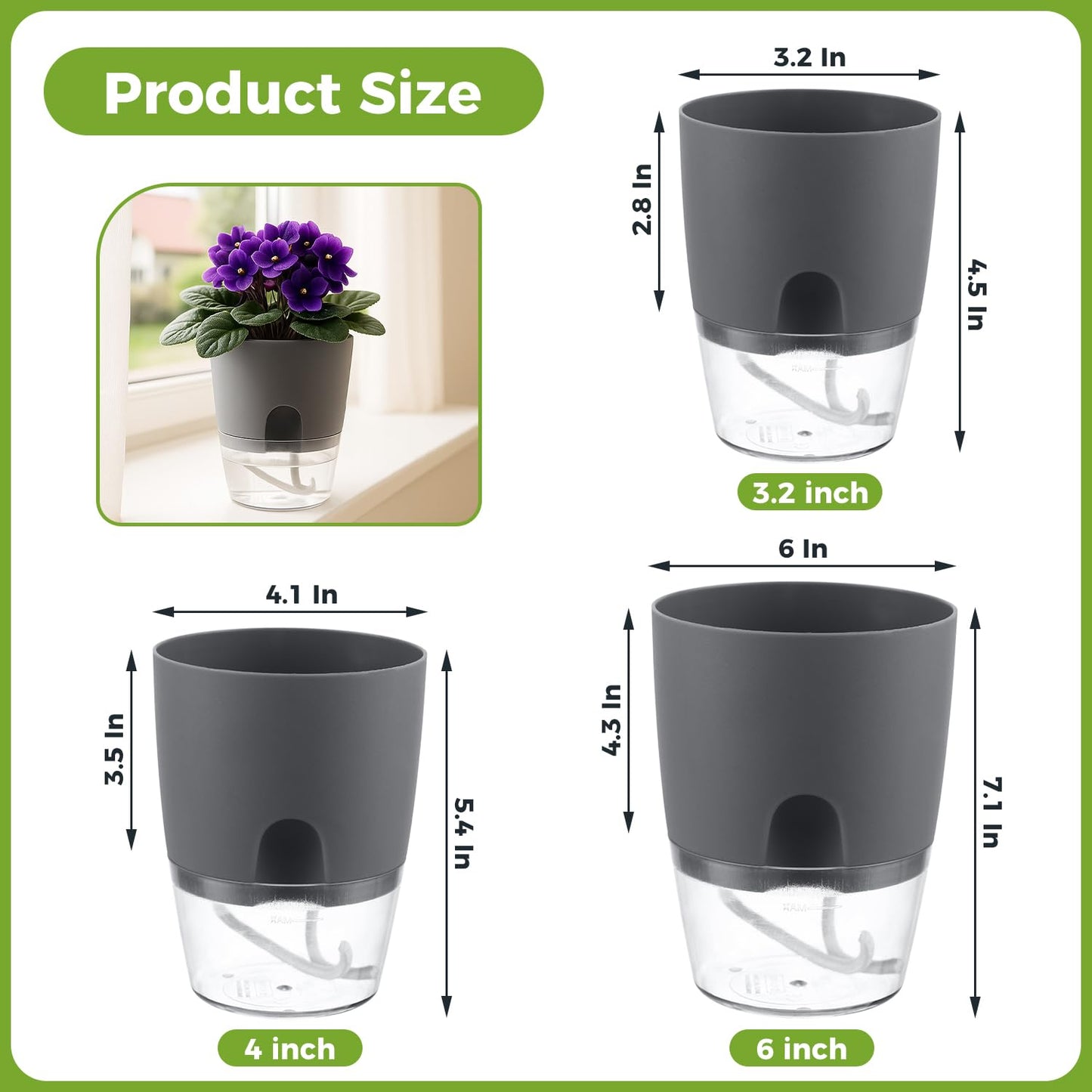 5 Pack Self Watering Pots for Indoor Plants, PlanterHoma 4 Inch Plant Pot Plastic Self Watering Planter for Orchid, African Violet, Small Clear Flower Pots with Drainage Holes and Wicking Rope, Grey