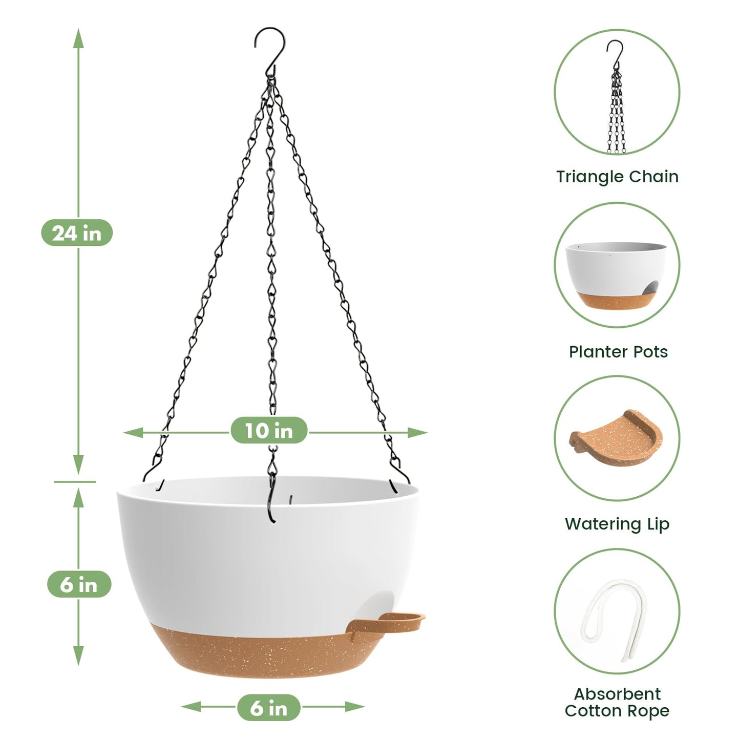 3 Pack 10 Hanging Flower Pots with Chains Self Watering Plastic Planters for Indoor Outdoor Plants, Sturdy Triangular Iron Chain Design for Garden PorchPlastic hanging flower pots (3, White-brown)