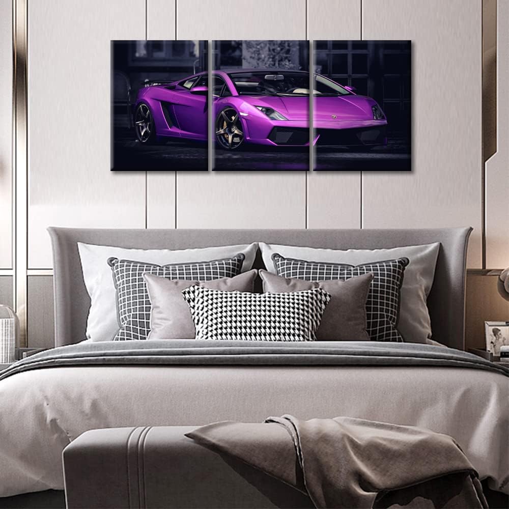 TUMOVO Purple Sports Car Canvas Wall Art for Living Room Home Decor Hypercar Poster Prints on Canvas Super Car Wall Decorations for Teen Boys Room Mens Bedroom Office Framed Ready to Hang, 36" Wx16 H