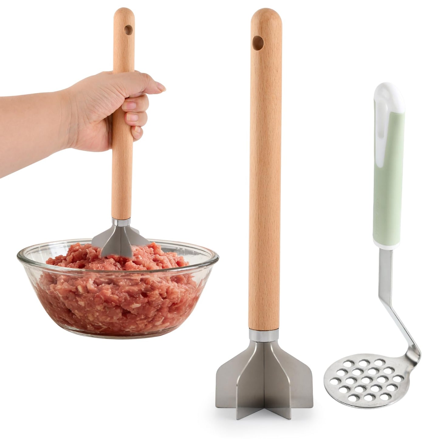 Stainless Steel Meat Chopper with Potato Masher, Kitchen Gadgets 4-Blade Ground Beef Chopper Potato Masher Hamburger Smasher Tool for Meat Vegetables Avocado Potatoes Beans(COLOR:Silver)