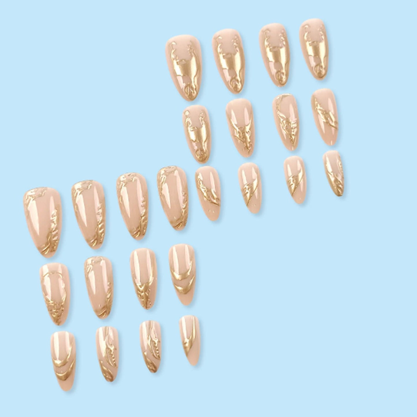 Hkanlre 3D Fake Nails Medium Tips Full Cover Almond Marble False Nude Nails Gold Press on Nails for Women 24PCS