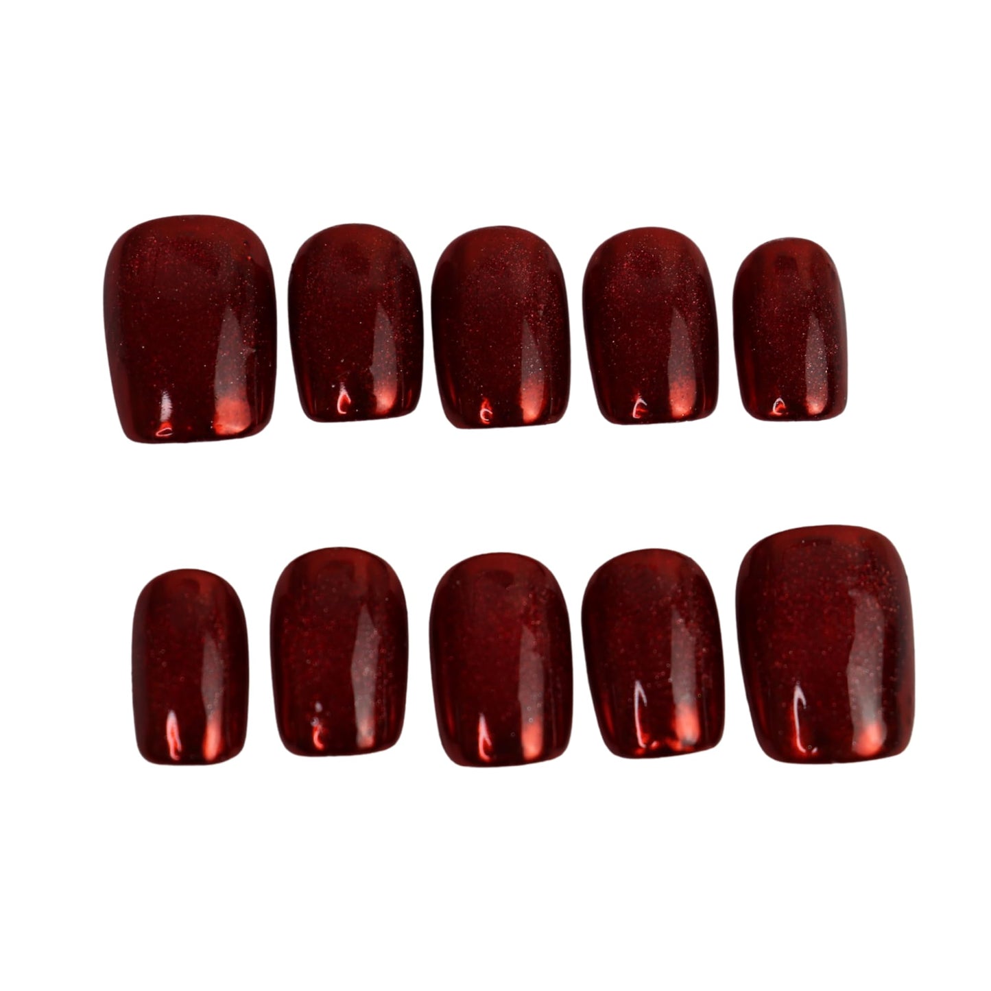 Handmade Magnetic Cat Eye Press-On Nails – Chrome Finish (Gold, Ruby Red, or Silver) | Reusable Glossy Gel Look | Squoval Short (Red Mirror Cat Eye, S Short Squoval)