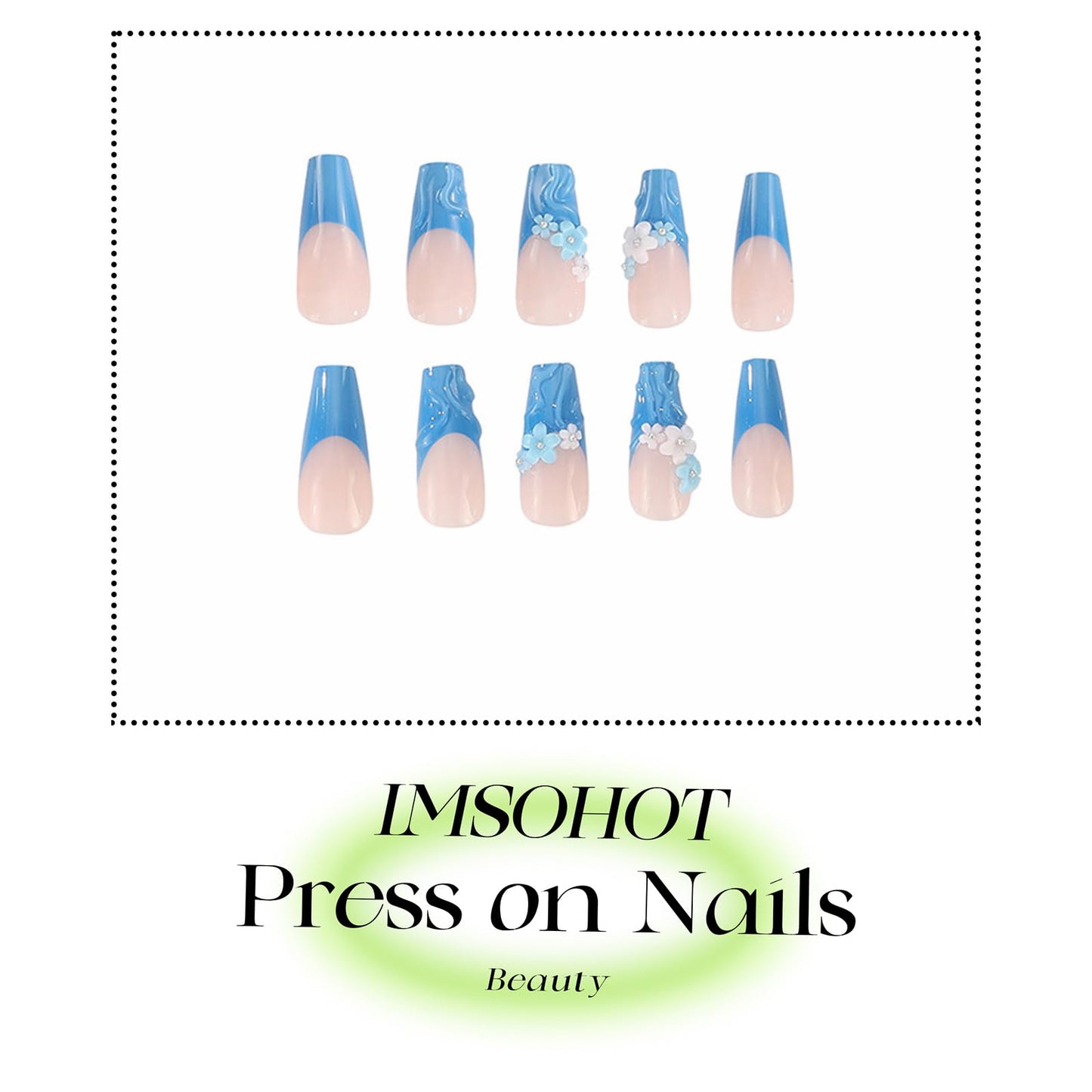 IMSOHOT Long Coffin Press on Nails - Blue Flower | Glossy French Fake Nails Tips Full Cover Gel Acrylic Glue on False Nails